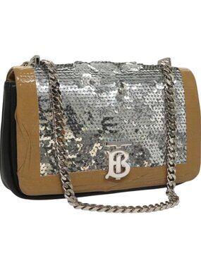 BURBERRY Sequin Chain Shoulder Bag Leather Silver